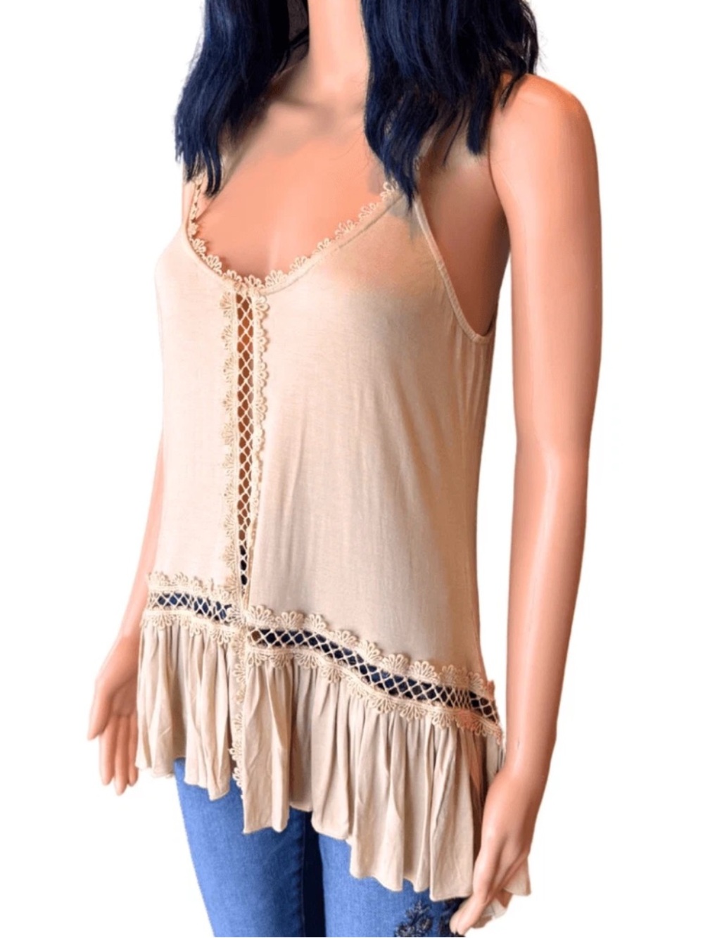 NWT POL Cream Boho Ruffle High Low Tunic Tank Top Small New Oversized Sleeveless - Picture 4 of 6